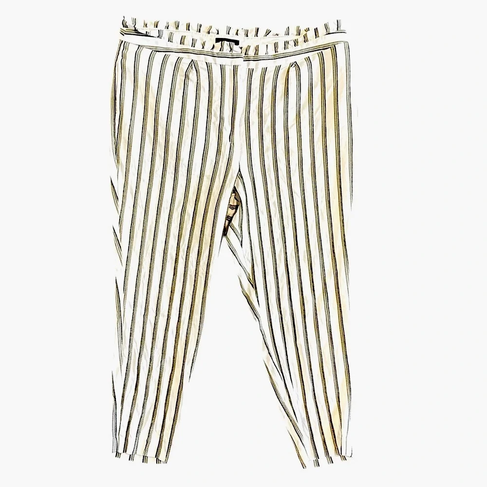 EXPRESS white high paperbag waist olive green pinstriped ankle pants sz 18 NWOT! - Picture 1 of 7